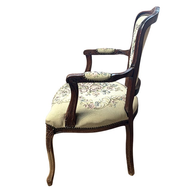 Vintage French Louis XV–Style Carved Wood Tapestry Armchair For Sale - Image 10 of 12