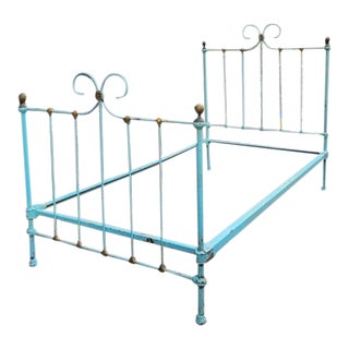 Antique Patinated French Blue Iron Victorian Era Twin Bed For Sale