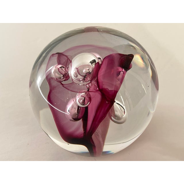 Clear and Magenta Glass Signed Studio Paperweight With Bubble Inclusions For Sale - Image 10 of 10