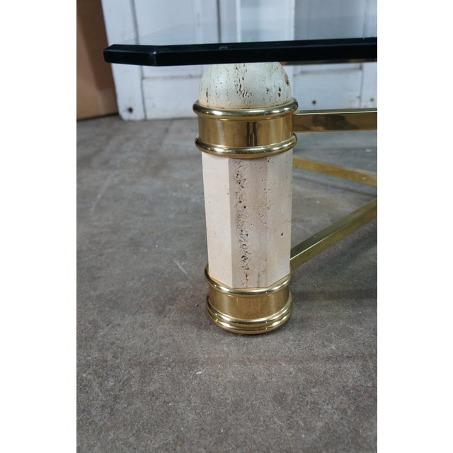 Vintage Italian Regency Travertine Stone Brass & Glass Coffee Cocktail Table 44" For Sale - Image 10 of 12