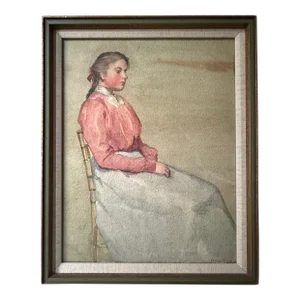 Antique Watercolor Painting, Portrait of Sitting Woman by Annie S. Johnson, Framed