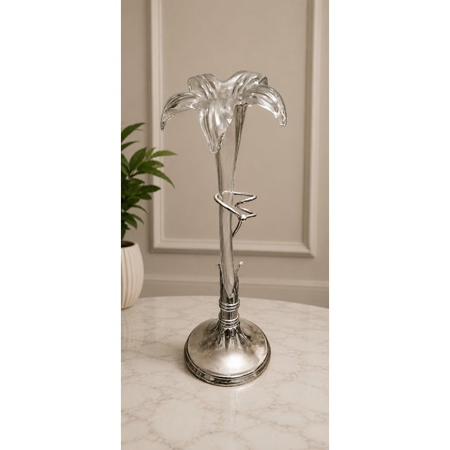 Contemporary Vintage Hand Blown Art Glass Lily Vase With Silver Plated Stand | 15" Sculptural Floral Bud Vase | Elegant Home Decor For Sale - Image 3 of 6