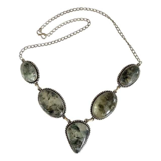 Vintage Prehnite and Sterling Silver Bib Necklace For Sale