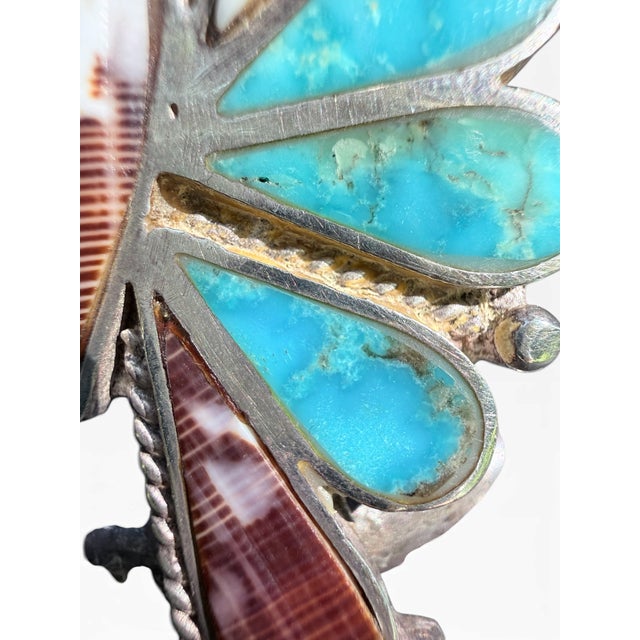 Vintage Navajo Style Sterling Silver Turquoise & Spiny Oyster Butterfly Cuff Bracelet For Sale In New York - Image 6 of 12