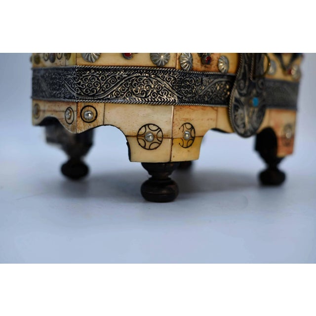 Antique Etched With Henna Bone Trinket Box With Enameled Turquoise For Sale - Image 11 of 13