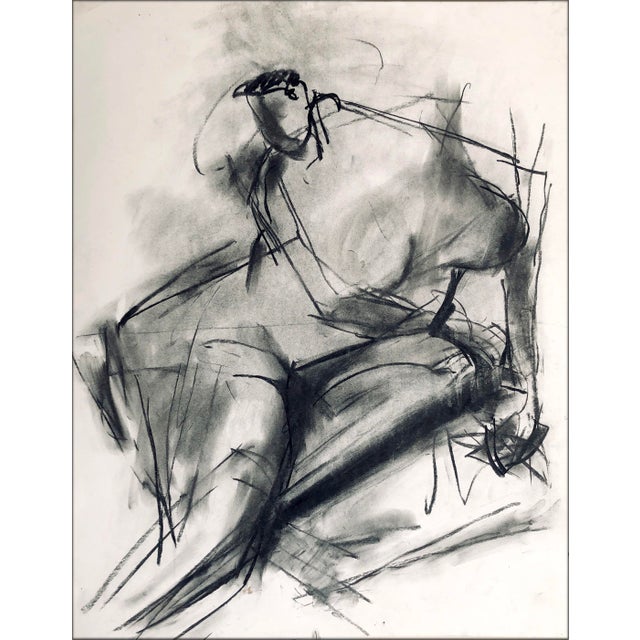 Dynamic Nude Seated Woman / Charcoal on Archival White Paper / Cubist For Sale