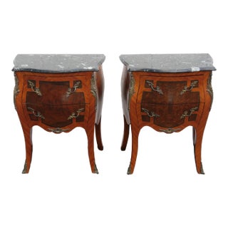 French Marble Top Bombay Serpentine Inlay Commodes Nightstands a Pair For Sale