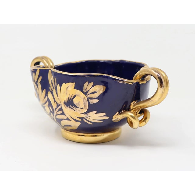 Vintage Italian Pottery Decorative Handled Bowl in Navy With Gold Decoration For Sale - Image 14 of 15