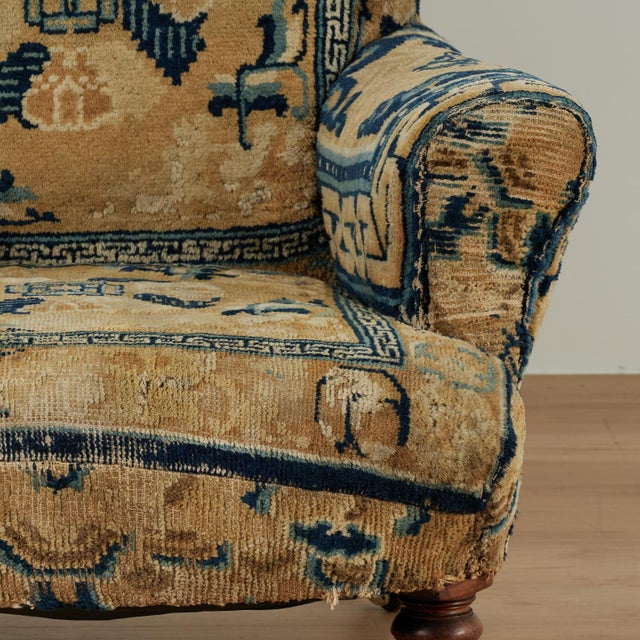 Antique English Victorian Armchair Upholstered in a Chinese Rug For Sale - Image 9 of 14