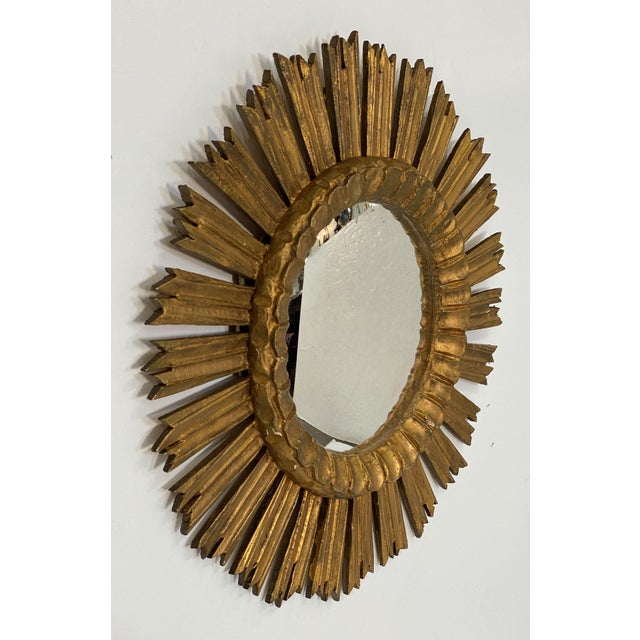 Mid-Century Modern Spanish Gilt Sunburst or Starburst Convex Mirror (Diameter 21) For Sale - Image 3 of 12