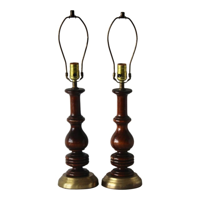 Vintage Turned Wood Brass Table Lamps Mid-Century-a Pair For Sale