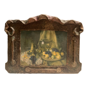 19th Century French Still Life Oil Painting on Ornate Carved Wood, Signed.