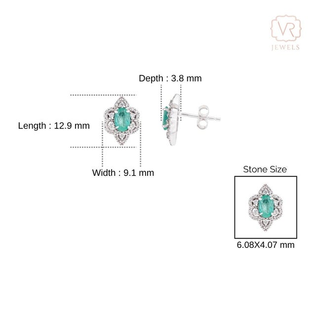 Emerald Diamond Floral Cluster Vintage Stud Earrings in 14k White Gold- A Pair For Sale - Image 12 of 15