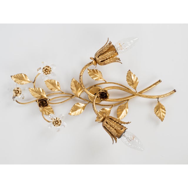 Mid-Century Modern 1960s Italian Florentine Gilt Metal Floral 2-Light Wall Sconce With Crystals For Sale - Image 3 of 10