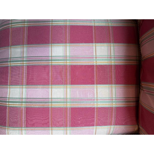 Wood A Pair of Custom Pink Plaid Pleated Skirt Lounge Chairs With Rolled Arms For Sale - Image 7 of 18