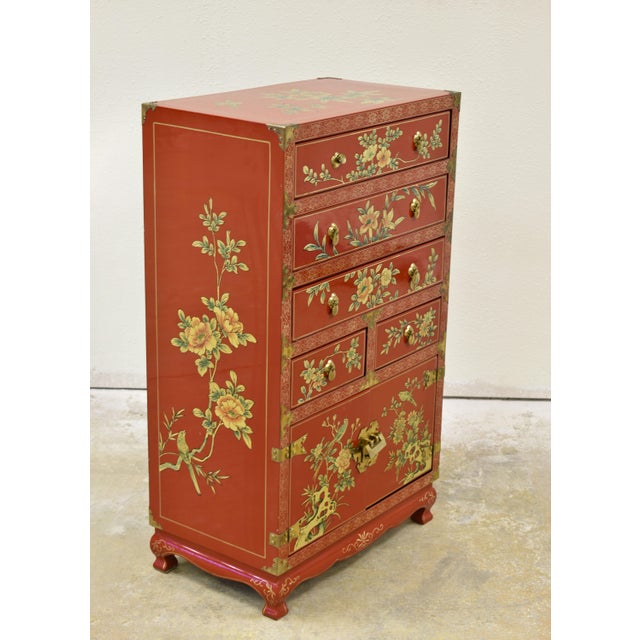 Chinoiserie Red Lacquer Five-Drawer and Storage Cabinet A beautifully decorated cabinet refers to a European decorative...