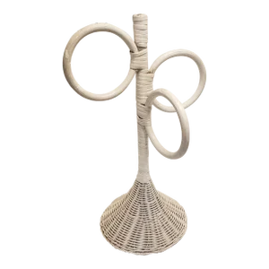 Mid-Century White Wicker Freestanding Towel Rack With 3 Rings