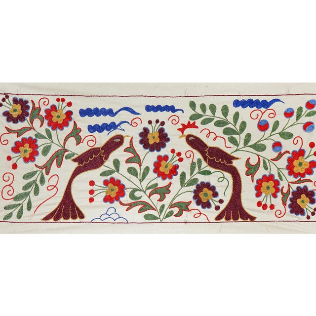 1960s Unique Vintage Bird Embroidery | Red, Green & Blue Decorative Tapestry 1'4'' X 3'1'' For Sale - Image 5 of 9