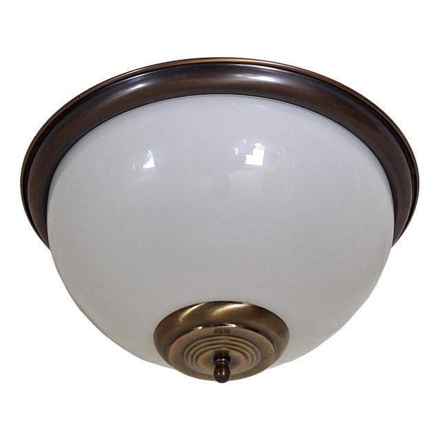 Vintage Ceiling Lamp with a Patinated Brass Frame and Opaque White Glass Shade by Honsel, 1990s For Sale