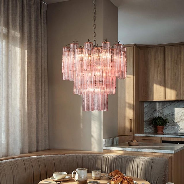 Aloadecor 23'' Modern Pink Textured Glass Chandelier in Polished Nickel Elegant Glam Tiered Pendant Light For Sale - Image 10 of 12