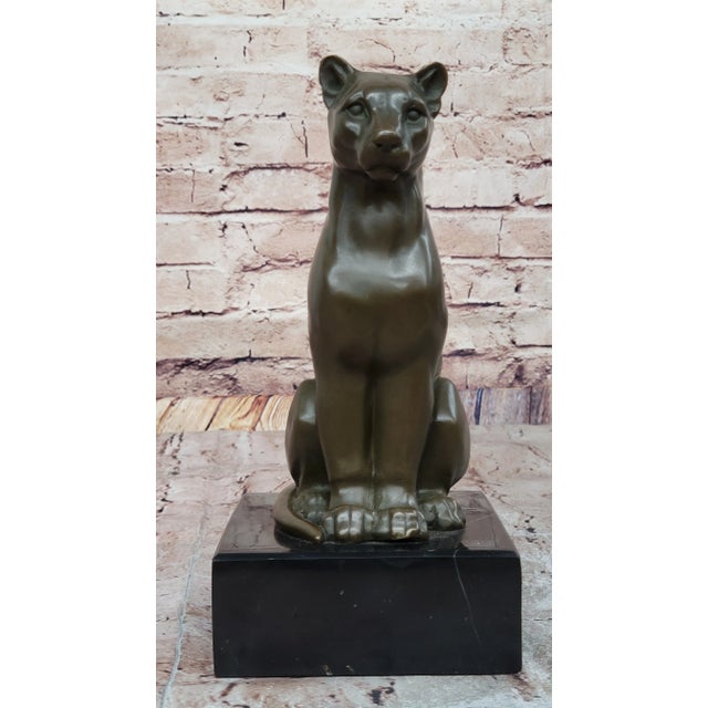 Traditional Panther Puma Cougar Cat Bronze Sculpture Statue Figure on Marble Base For Sale - Image 3 of 10