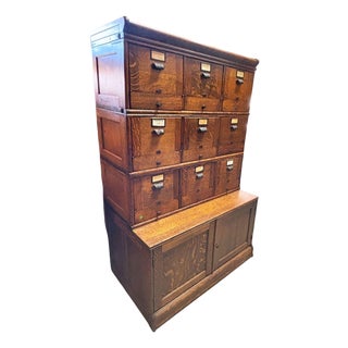 Antique Mahogany 9 Drawer File Cabinet Credenza W/ Art Deco Pulls & Metal Straps For Sale