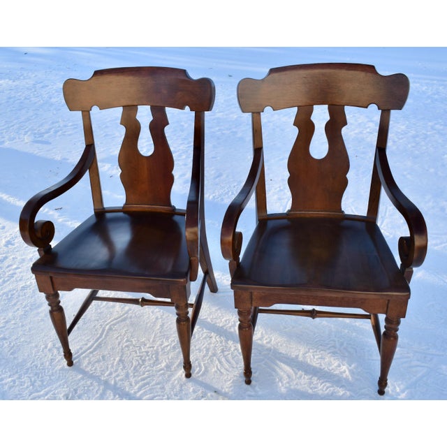 Bernhardt Mahogany Arm Chairs Pair Vintage Stretcher Base 80s For Sale - Image 4 of 13