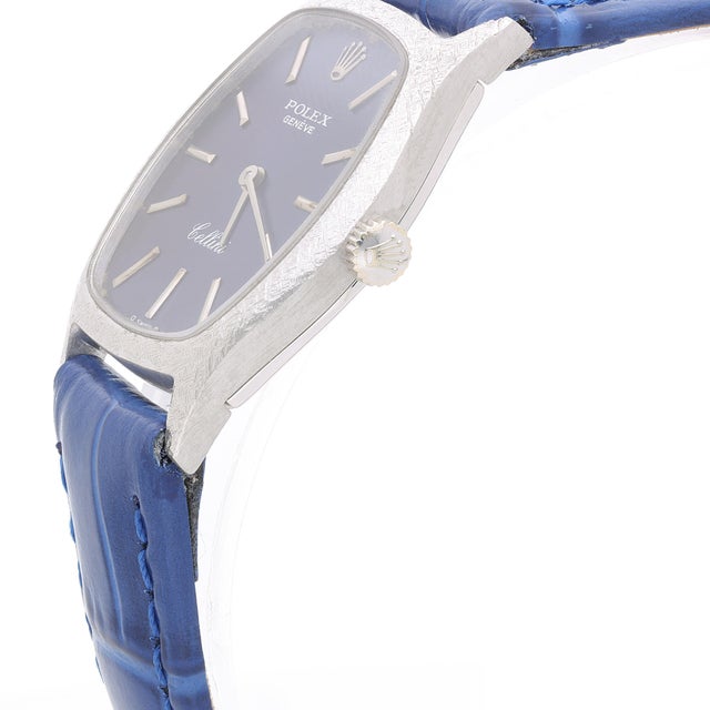 Blue Vintage Rolex Cellini Geneve 23mm 18k White Gold Blue Dial Ladies Manual Watch For Sale - Image 8 of 9