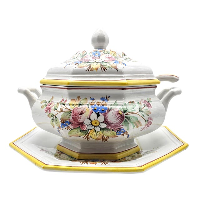 Ceramic Late 20th Century Italian Hand-Painted Octagonal Floral Soup Tureen Set For Sale - Image 7 of 18