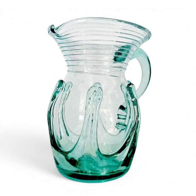 Glass 1976 Liberty Village Glasshouse Aquamarine Lily Pad Blown Glass Pitcher 6.75" For Sale - Image 7 of 11
