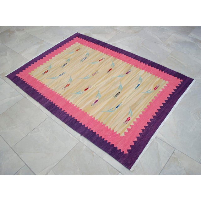 Turkish Silk Rug Kilim Hand Woven Tulips Motif Oushak Area Rug - 3′11″ × 5′7″ For Sale - Image 16 of 17