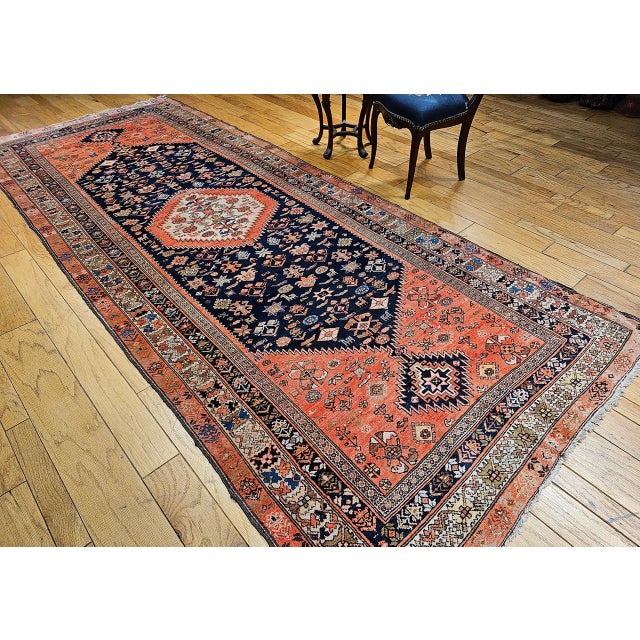 Antique Malayer Tribal Gallery Rug, Hand-Knotted Wool, Geometric Pattern, 5x13, Terracotta & Navy For Sale - Image 9 of 18