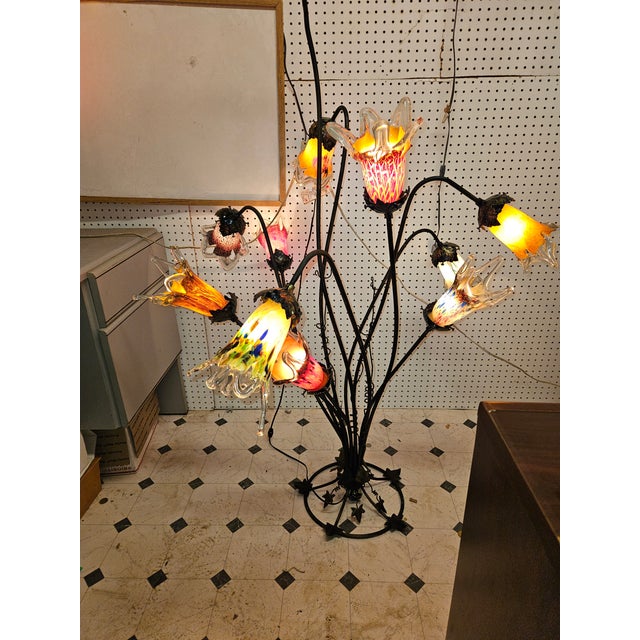 1990s 1990s Handmade Wrought Iron 11 Tulips Blown Glass Floor Lamp For Sale - Image 5 of 7