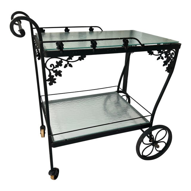 Vintage Black Wrought Iron Bar Cart, Woodard Attributed For Sale
