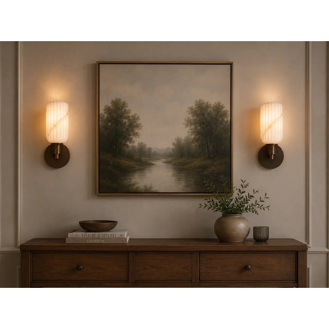 Not Yet Made - Made To Order Brass Wall Sconce With Ribbed Natural Alabaster Shade, Modern Bathroom Vanity Lamp, Handcrafted Luxury Wall Lighting For Sale - Image 5 of 10