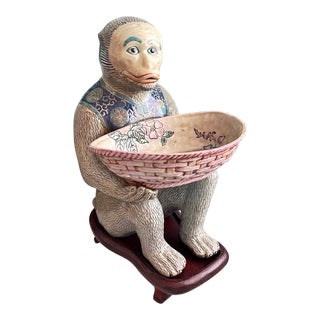 Large Chinoiserie Monkey With Bowl and Wood Stand For Sale