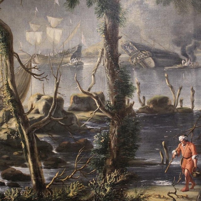17th Century Flemish Artist, Landscape with Sailing Ships, 1650, Oil Painting on Canvas, Framed For Sale - Image 5 of 16