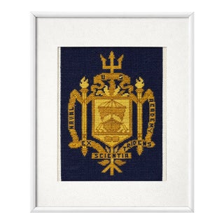 Vintage u.s. Naval Academy Needlepoint Crest With Latin Mottoes, Framed For Sale