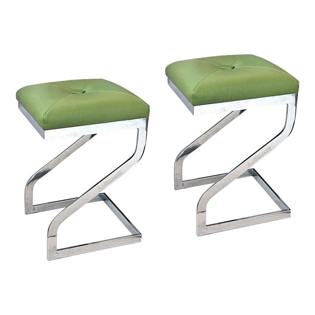1970s Vintage Z-Form Chrome Stools With Apple Green Leather Upholstery - a Pair For Sale