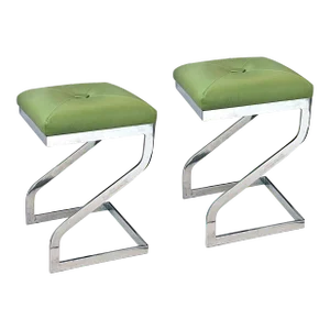1970s Vintage Z-Form Chrome Stools With Apple Green Leather Upholstery - a Pair
