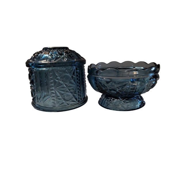 Mid-Century Modern 1960's Indiana Glass Colonial Blue Stars & Bars Fairy Lamp For Sale - Image 3 of 9