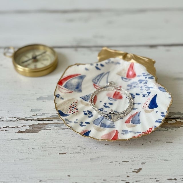 Nautical Sailboat Seashell Trinket Dish Coastal Beach Decor For Sale - Image 4 of 4