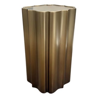 Gold Sculptural Fluted Accent Modern Drum Pedestal Table For Sale
