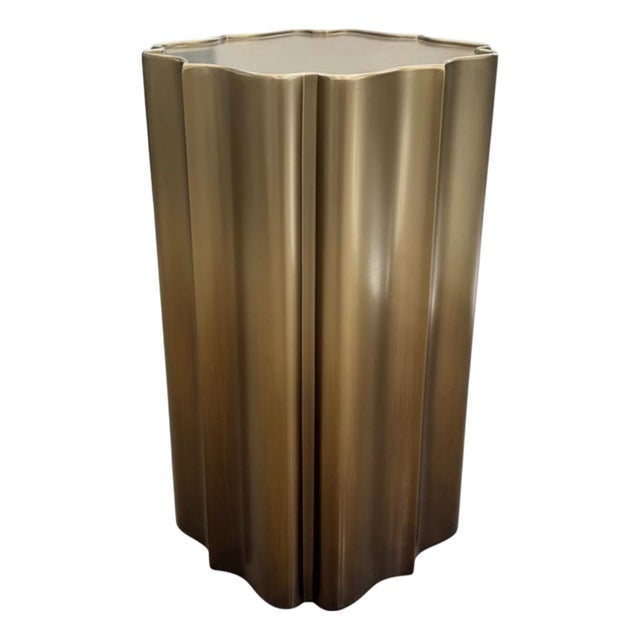 Gold Sculptural Fluted Accent Modern Drum Pedestal Table For Sale