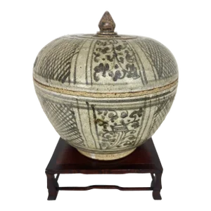 Vintage Handpainted Chinese Pottery Bowl With Lid on Mahogany Stand