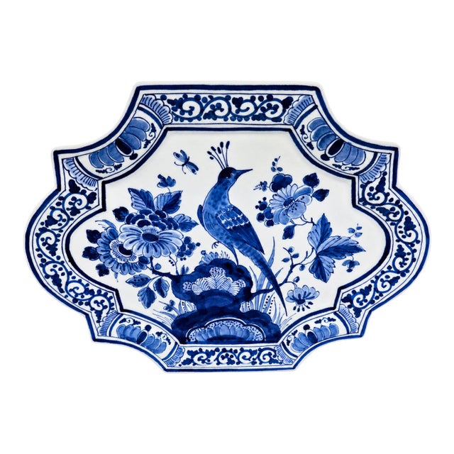 Vintage Royal Delft Blue & White Bird & Floral Wall Plaque, Porceleyne Fles Hand-Painted Dutch Faience Charger Plate For Sale