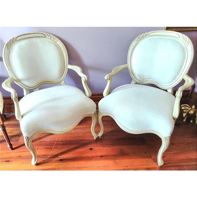 Vintage French Provincial Fauteuil White Round Back Chairs a Pair