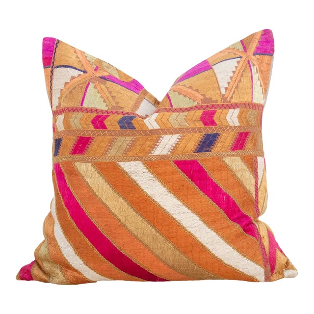 Pumpkin Spiced Silk Phulkari Pillow For Sale
