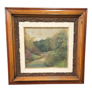 Vintage Impressionist Style Landscape Oil Painting in Carved Wood Frame - Signed unclear