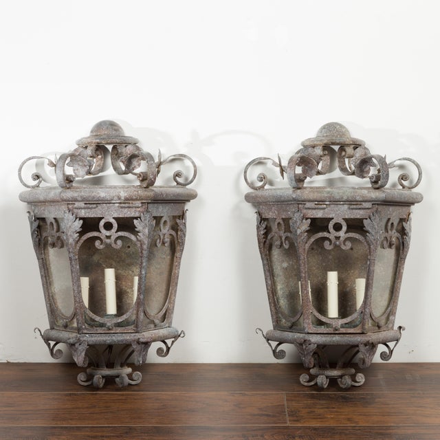 1920s French Iron Three-Light Lanterns with Scrolling Motifs and Foliage - a Pair For Sale In Atlanta - Image 6 of 12